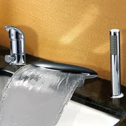 Waterfall Bathtub Faucet Deck Mounted, Widespread Bathroom Faucet Bath Roman Tub Filler Mixer Tap Brass, 3 Hole Sprayer with Cold Hot Water Hose