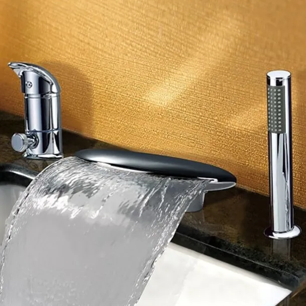 Waterfall Bathtub Faucet Deck Mounted, Widespread Bathroom Faucet Bath Roman Tub Filler Mixer Tap Brass, 3 Hole Sprayer with Cold Hot Water Hose