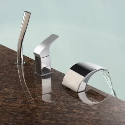 Waterfall Bathtub Faucet Deck Mounted, Bath Tub Filler Mixer Tap Set Handheld 3 Hole 2 Spout with Hand Sprayer, Brass Shower Ceramic Valve Kit Bathroom