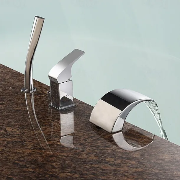 Waterfall Bathtub Faucet Deck Mounted, Bath Tub Filler Mixer Tap Set Handheld 3 Hole 2 Spout with Hand Sprayer, Brass Shower Ceramic Valve Kit Bathroom