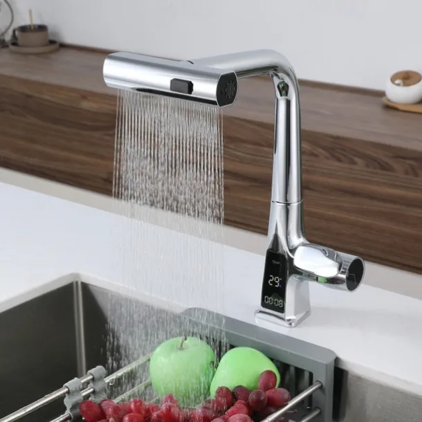 Waterfall Kitchen Faucet, 2023 Latest Centerset Faucet for Kitchen Sink, 3 in 1 Multi-functional Single Handle One Hole Pull out Cylinder Spout Kitchen Taps, Ceramic Valve Insides