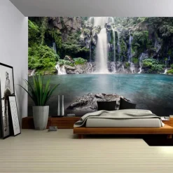 Waterfall River Hanging Tapestry Wall Art Large Tapestry Mural Decor Photograph Backdrop Blanket Curtain Home Bedroom Living Room Decoration