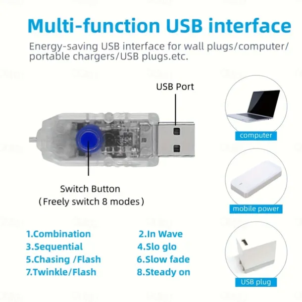 Waterfall String Light 198 Leds USB Flowing Water Light 9 Strip 2 meters 8 Lighting Modes with Remote Control Waterproof Suitable for Party Bedroom Wall Flashing Indoor Outdoor Decoration