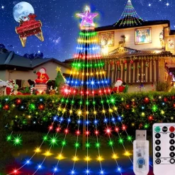 Waterfall String Light Christmas 198 Leds USB Flowing Water Light 9 Strip 2 meters 8 Lighting Modes with Remote Control Waterproof for Xmas Party Bedroom Wall Flashing Indoor Outdoor Decoration