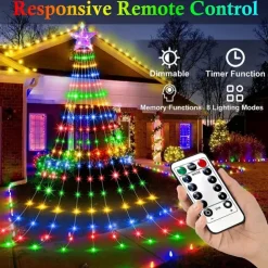 Waterfall String Light Christmas 198 Leds USB Flowing Water Light 9 Strip 2 meters 8 Lighting Modes with Remote Control Waterproof for Xmas Party Bedroom Wall Flashing Indoor Outdoor Decoration