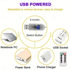 Waterfall String Light Christmas 198 Leds USB Flowing Water Light 9 Strip 2 meters 8 Lighting Modes with Remote Control Waterproof for Xmas Party Bedroom Wall Flashing Indoor Outdoor Decoration