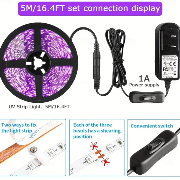 Waterproof Black UV Strip Light, IP65 Purple LED Black Light Fixture Kit 600 LED Light Strips with 12V Power Supply for Outdoor and Indoor Halloween Luminous Neon Lights Party Cabinets Posters Boats