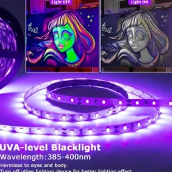 Waterproof Black UV Strip Light, IP65 Purple LED Black Light Fixture Kit 600 LED Light Strips with 12V Power Supply for Outdoor and Indoor Halloween Luminous Neon Lights Party Cabinets Posters Boats