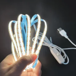 Waterproof COB USB 5V LED Strip Light, High Gloss LED Soft Flexiable Strip Light with USB Switch 3.28-16 ft (1-5M) 480 LED/Meter Waterproof Flexible Self-adhesive Safety Tape Light Suitable for Kitchen Garage TV Wall and Home DIY Lighting