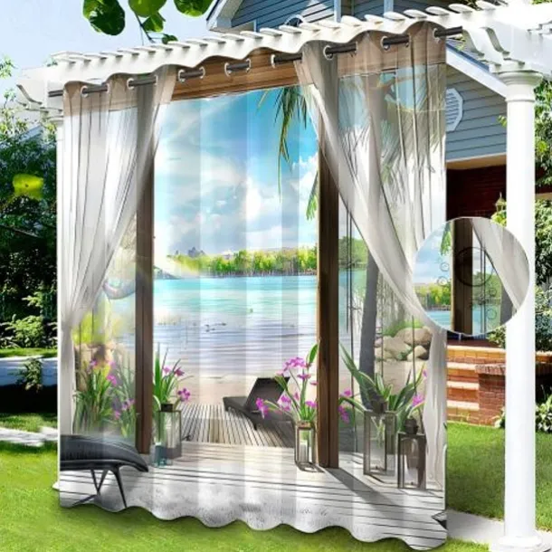 Waterproof Outdoor Curtain For Patio , Privacy Sliding Patio Curtain Drapes, Pergola Curtains Grommet 3D Forest Landscape For Gazebo, Balcony, Porch, Party, 1 Panel