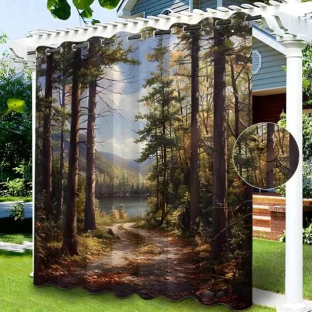 Waterproof Outdoor Curtain For Patio , Privacy Sliding Patio Curtain Drapes, Pergola Curtains Grommet 3D Forest Landscape For Gazebo, Balcony, Porch, Party, 1 Panel