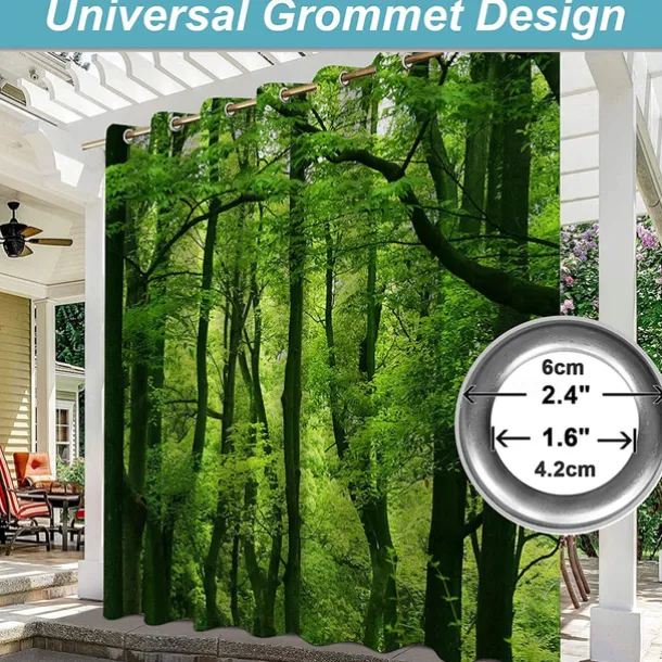 Waterproof Outdoor Curtain For Patio , Privacy Sliding Patio Curtain Drapes, Pergola Curtains Grommet 3D Forest Landscape For Gazebo, Balcony, Porch, Party, 1 Panel