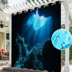 Waterproof Outdoor Curtain Privacy, Sliding Patio Curtain Drapes, Pergola Curtains Grommet 3D Ocean Cave Landscape For Gazebo, Balcony, Porch, Party, 1 Panel