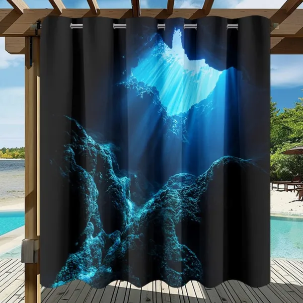 Waterproof Outdoor Curtain Privacy, Sliding Patio Curtain Drapes, Pergola Curtains Grommet 3D Ocean Cave Landscape For Gazebo, Balcony, Porch, Party, 1 Panel