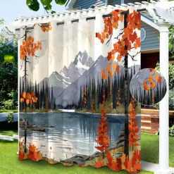 Waterproof Outdoor Curtain Privacy, Sliding Patio Curtain Drapes, Pergola Curtains Grommet 3D Lake Side House for Gazebo, Balcony, Porch, Party, 1 Panel