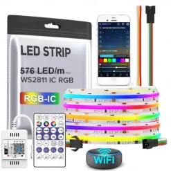 Waterproof RGB COB Strip Light 16ft 5M Smart IC Flexible DC24V LED Tape Light WS2811 Addressable RGB with RF Controller or WIFI Controller Suitable Party Home Office DIY Lighting Projects
