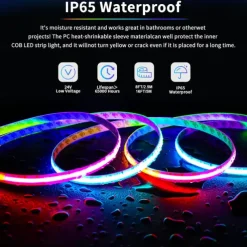 Waterproof RGB COB Strip Light 16ft 5M Smart IC Flexible DC24V LED Tape Light WS2811 Addressable RGB with RF Controller or WIFI Controller Suitable Party Home Office DIY Lighting Projects