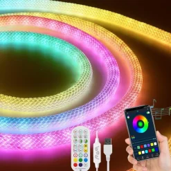 Waterproof Woven LED Strip Light WS2811 RGBIC Woven Silicone Neon Addressable Dream Color USB LED Light Strip with 15mm 360 Degree Illumination 2.4G Wireless Bluetooth Music APP Multi-channel Control Flexible Dreamy Color Rope Light