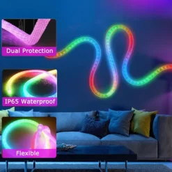 Waterproof Woven LED Strip Light WS2811 RGBIC Woven Silicone Neon Addressable Dream Color USB LED Light Strip with 15mm 360 Degree Illumination 2.4G Wireless Bluetooth Music APP Multi-channel Control Flexible Dreamy Color Rope Light