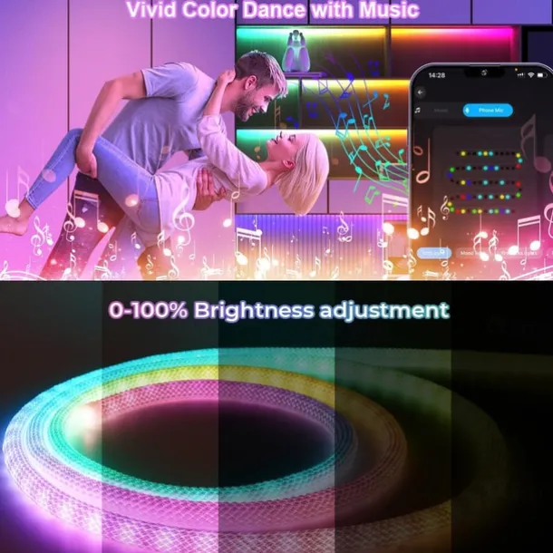 Waterproof Woven LED Strip Light WS2811 RGBIC Woven Silicone Neon Addressable Dream Color USB LED Light Strip with 15mm 360 Degree Illumination 2.4G Wireless Bluetooth Music APP Multi-channel Control Flexible Dreamy Color Rope Light