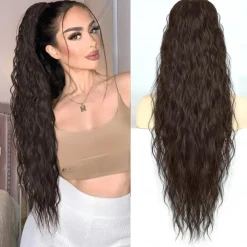 Wavy Curly Ponytail Extension 26 Inch Long Black Drawstring Ponytail Extension for Women Clip in Ponytail Natural Synthetic Hairpiece Thick For Daily Use