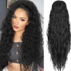 Wavy Curly Ponytail Extension 26 Inch Long Black Drawstring Ponytail Extension for Women Clip in Ponytail Natural Synthetic Hairpiece Thick For Daily Use