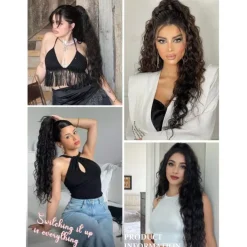 Wavy Curly Ponytail Extension 26 Inch Long Black Drawstring Ponytail Extension for Women Clip in Ponytail Natural Synthetic Hairpiece Thick For Daily Use