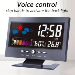 Weather Clock With Time Date Week Temperature Humidity Display Weather Forecast Function With Voice-activated Backlight Function 15.6X4X9.6CM/6.1*3.7*1.5in