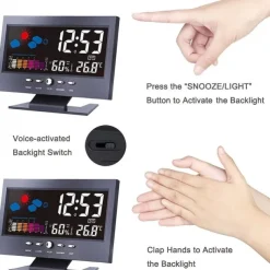 Weather Clock With Time Date Week Temperature Humidity Display Weather Forecast Function With Voice-activated Backlight Function 15.6X4X9.6CM/6.1*3.7*1.5in