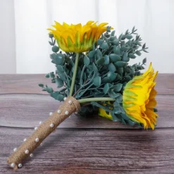 Wedding Bouquets for Bride, Artificial Silk Flower Eucalyptus and Sunflower Bridal Bouquet, Rustic Outdoor Wedding Photography Prop and Decorative Handheld Flowers