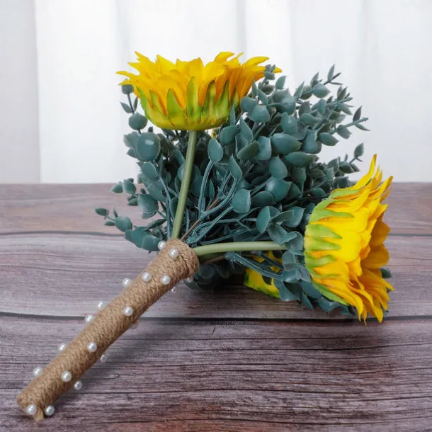 Wedding Bouquets for Bride, Artificial Silk Flower Eucalyptus and Sunflower Bridal Bouquet, Rustic Outdoor Wedding Photography Prop and Decorative Handheld Flowers