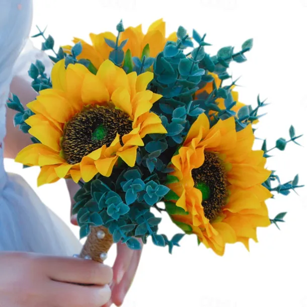 Wedding Bouquets for Bride, Artificial Silk Flower Eucalyptus and Sunflower Bridal Bouquet, Rustic Outdoor Wedding Photography Prop and Decorative Handheld Flowers