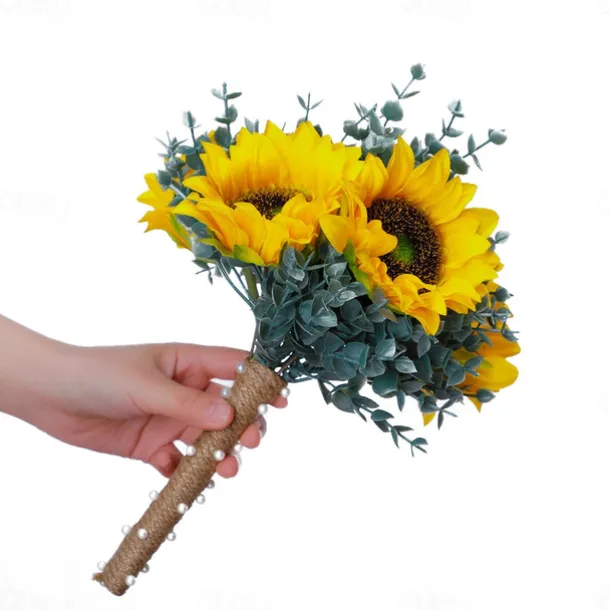 Wedding Bouquets for Bride, Artificial Silk Flower Eucalyptus and Sunflower Bridal Bouquet, Rustic Outdoor Wedding Photography Prop and Decorative Handheld Flowers