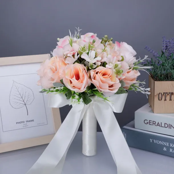 Wedding Bouquets for Bride, Artificial Silk Flower White Faux Plastic Bridal Bouquet, Decorative Floral Arrangement for Wedding Photography Props