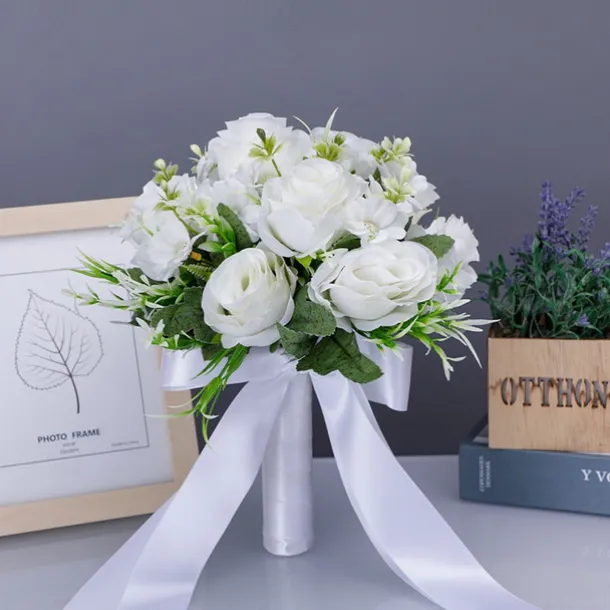 Wedding Bouquets for Bride, Artificial Silk Flower White Faux Plastic Bridal Bouquet, Decorative Floral Arrangement for Wedding Photography Props