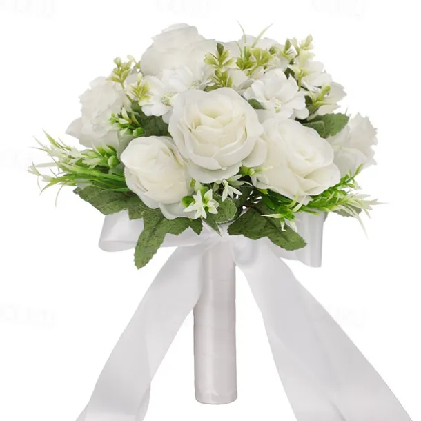 Wedding Bouquets for Bride, Artificial Silk Flower White Faux Plastic Bridal Bouquet, Decorative Floral Arrangement for Wedding Photography Props