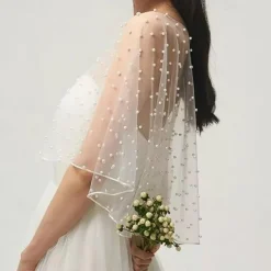 Wedding Bridal Cloaks Faux Pearl Wedding Cape Short Shoulder Cover up Cape Beaded Evening Wrap Shawl Dress Prom Party Accessories for Women
