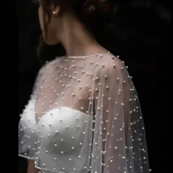 Wedding Bridal Cloaks Faux Pearl Wedding Cape Short Shoulder Cover up Cape Beaded Evening Wrap Shawl Dress Prom Party Accessories for Women