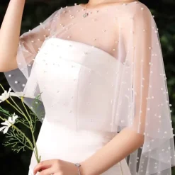 Wedding Bridal Cloaks Faux Pearl Wedding Cape Short Shoulder Cover up Cape Beaded Evening Wrap Shawl Dress Prom Party Accessories for Women