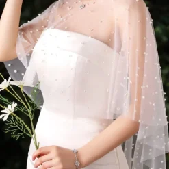 Wedding Bridal Cloaks Faux Pearl Wedding Cape Short Shoulder Cover up Cape Beaded Evening Wrap Shawl Dress Prom Party Accessories for Women