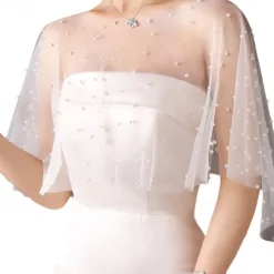 Wedding Bridal Cloaks Faux Pearl Wedding Cape Short Shoulder Cover up Cape Beaded Evening Wrap Shawl Dress Prom Party Accessories for Women