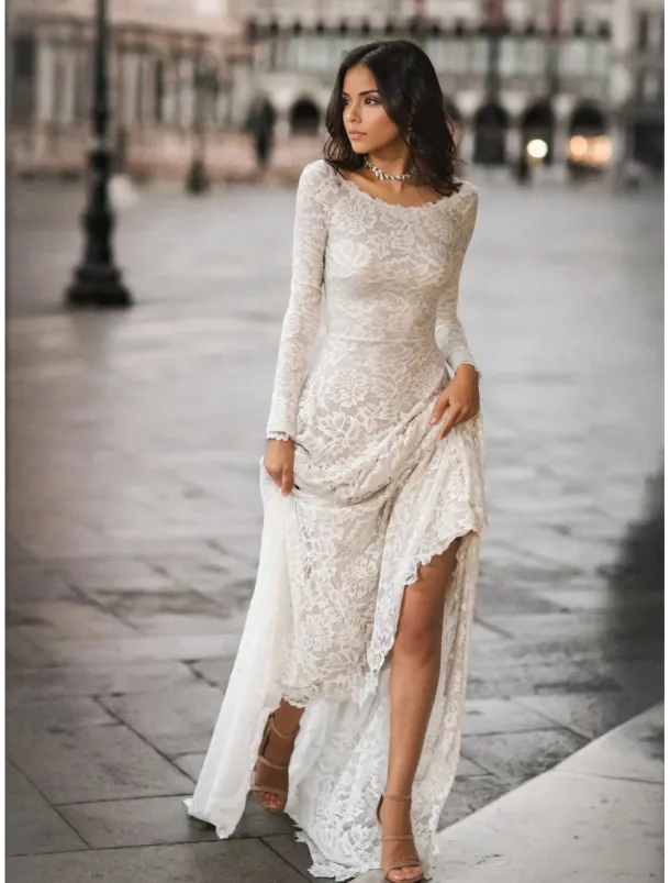 Wedding Dresses A-Line Boat Neck Long Sleeve Court Train Lace Bridal Gowns With Ruched Solid Color