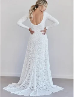 Wedding Dresses A-Line Boat Neck Long Sleeve Court Train Lace Bridal Gowns With Ruched Solid Color