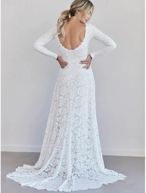 Wedding Dresses A-Line Boat Neck Long Sleeve Court Train Lace Bridal Gowns With Ruched Solid Color