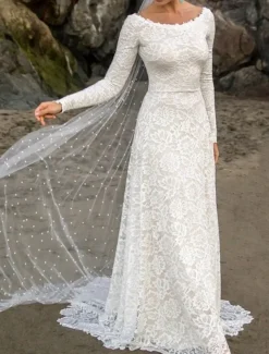 Wedding Dresses A-Line Boat Neck Long Sleeve Court Train Lace Bridal Gowns With Ruched Solid Color