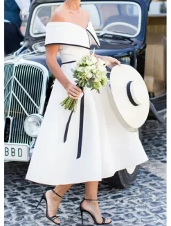 Wedding Dresses A-Line Off Shoulder Short Sleeve Tea Length Stretch Fabric Bridal Gowns With Solid Color