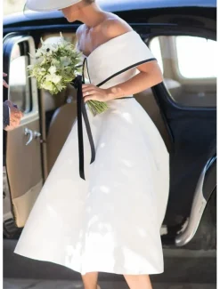 Wedding Dresses A-Line Off Shoulder Short Sleeve Tea Length Stretch Fabric Bridal Gowns With Solid Color