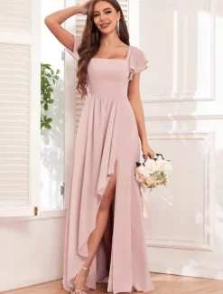 Wedding Dresses A-Line Square Neck Short Sleeve Floor Length Chiffon Bridal Gowns With Pleats Solid Color