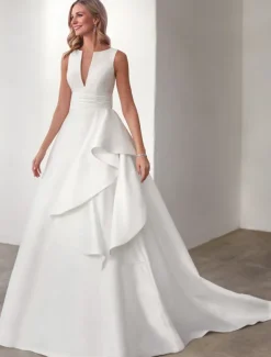 Wedding Dresses A-Line V Neck Sleeveless Floor Length Satin Bridal Gowns With Appliques Solid Color