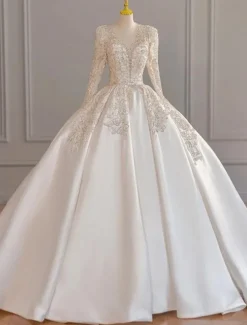 Wedding Dresses Ball Gown Off Shoulder Cap Sleeve Court Train Satin Bridal Gowns With Ruched Solid Color